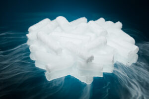 dry ice with vapour on blue background